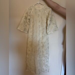 Áo Dài Cat Tan Vietnamse / Floral Patterned Cream Dress Size XL petite / Women